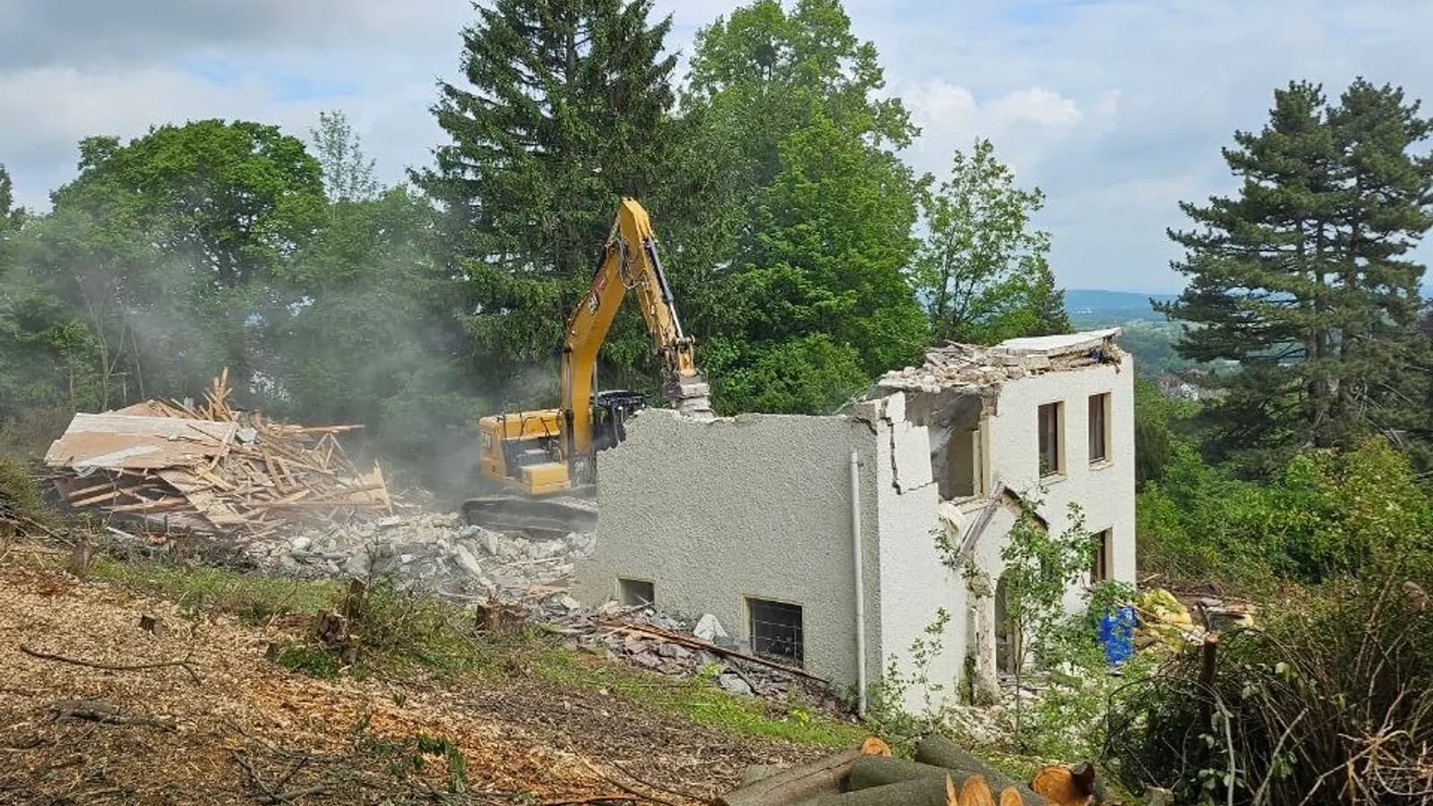 Hausabriss im Harz: Abbruchbagger vor bewaldeter Mittelgebirgskulisse beim Rückbau eines Wohnhauses